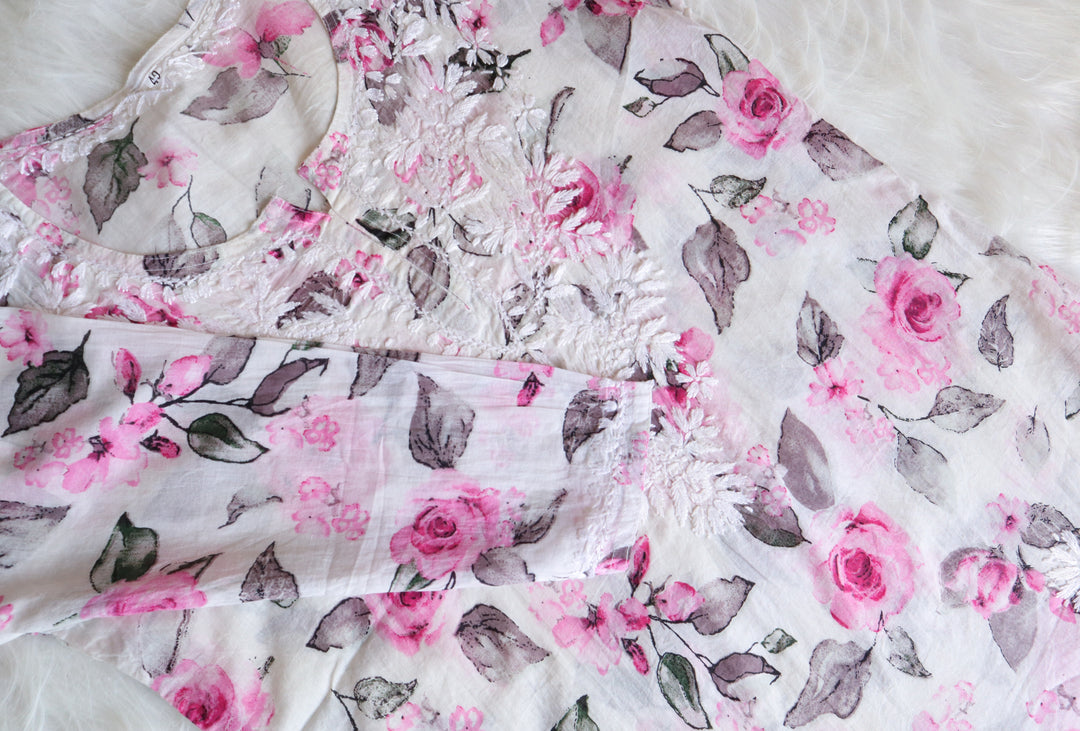 Gul White & Pink Rose Short Mulmul Kurta