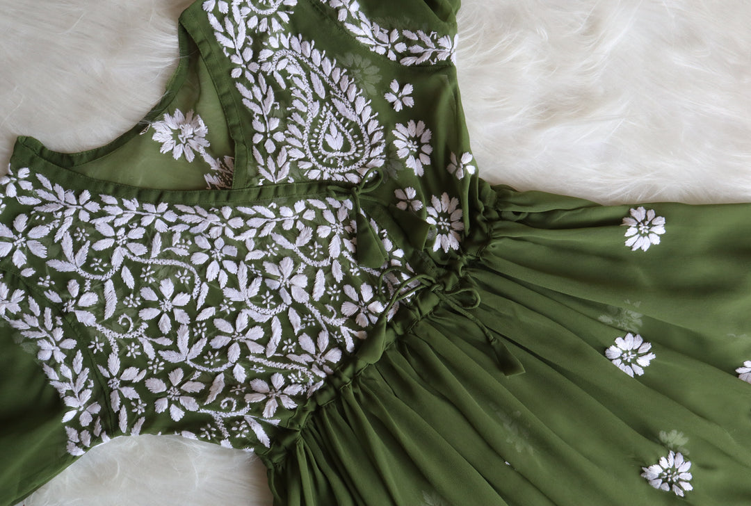 Olive & White Georgette Angrakha frock