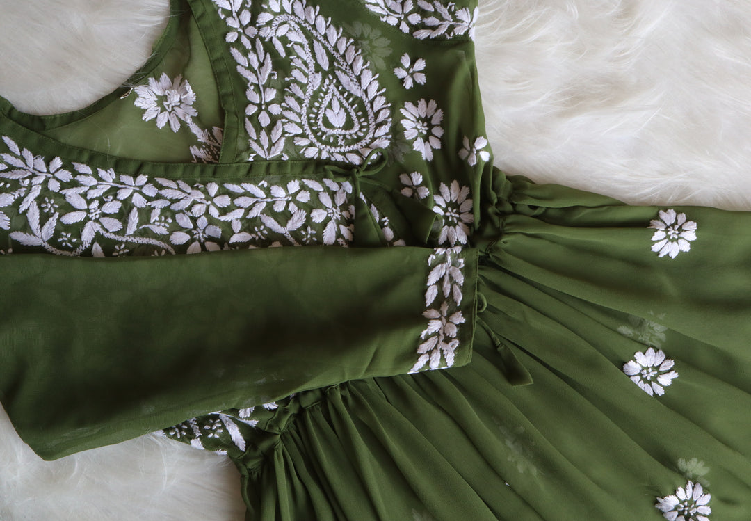 Olive & White Georgette Angrakha frock