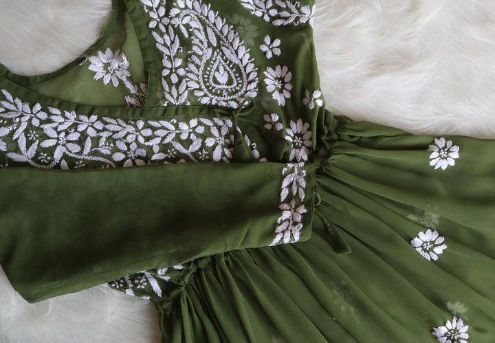Olive & White Georgette Angrakha frock