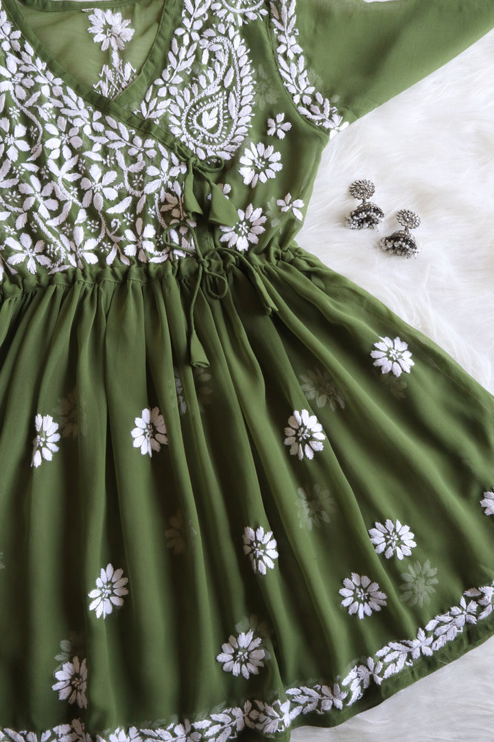 Olive & White Georgette Angrakha frock