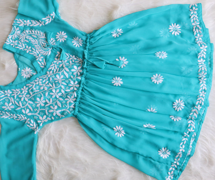 Turquoise & White Georgette Angrakha frock