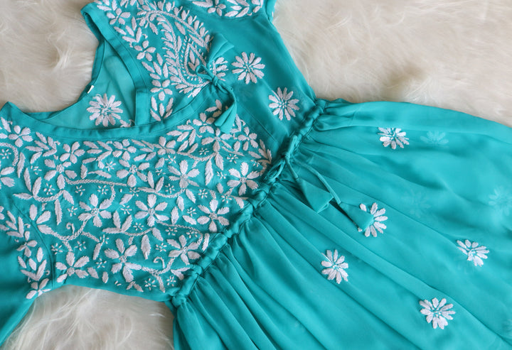Turquoise & White Georgette Angrakha frock