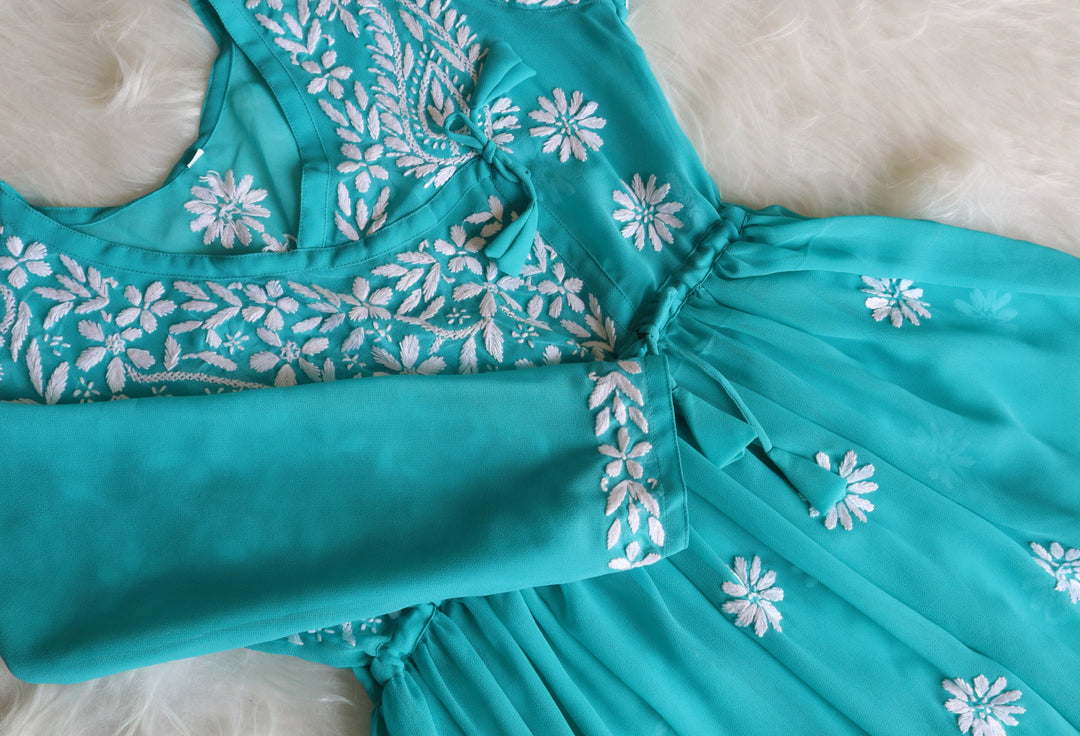 Turquoise & White Georgette Angrakha frock