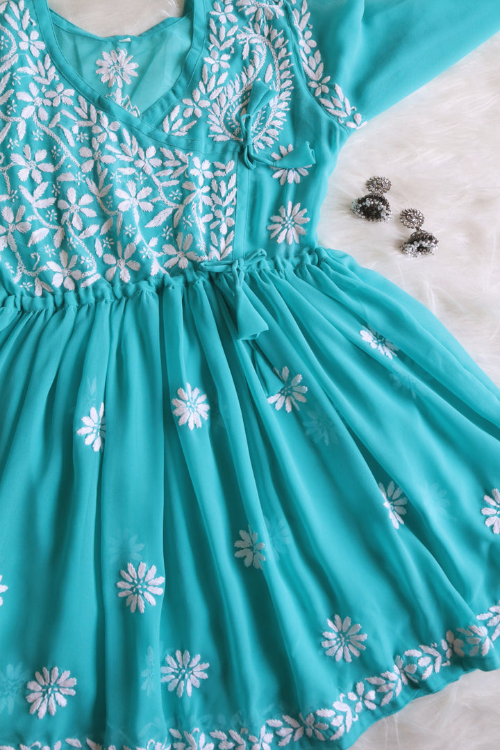 Turquoise & White Georgette Angrakha frock