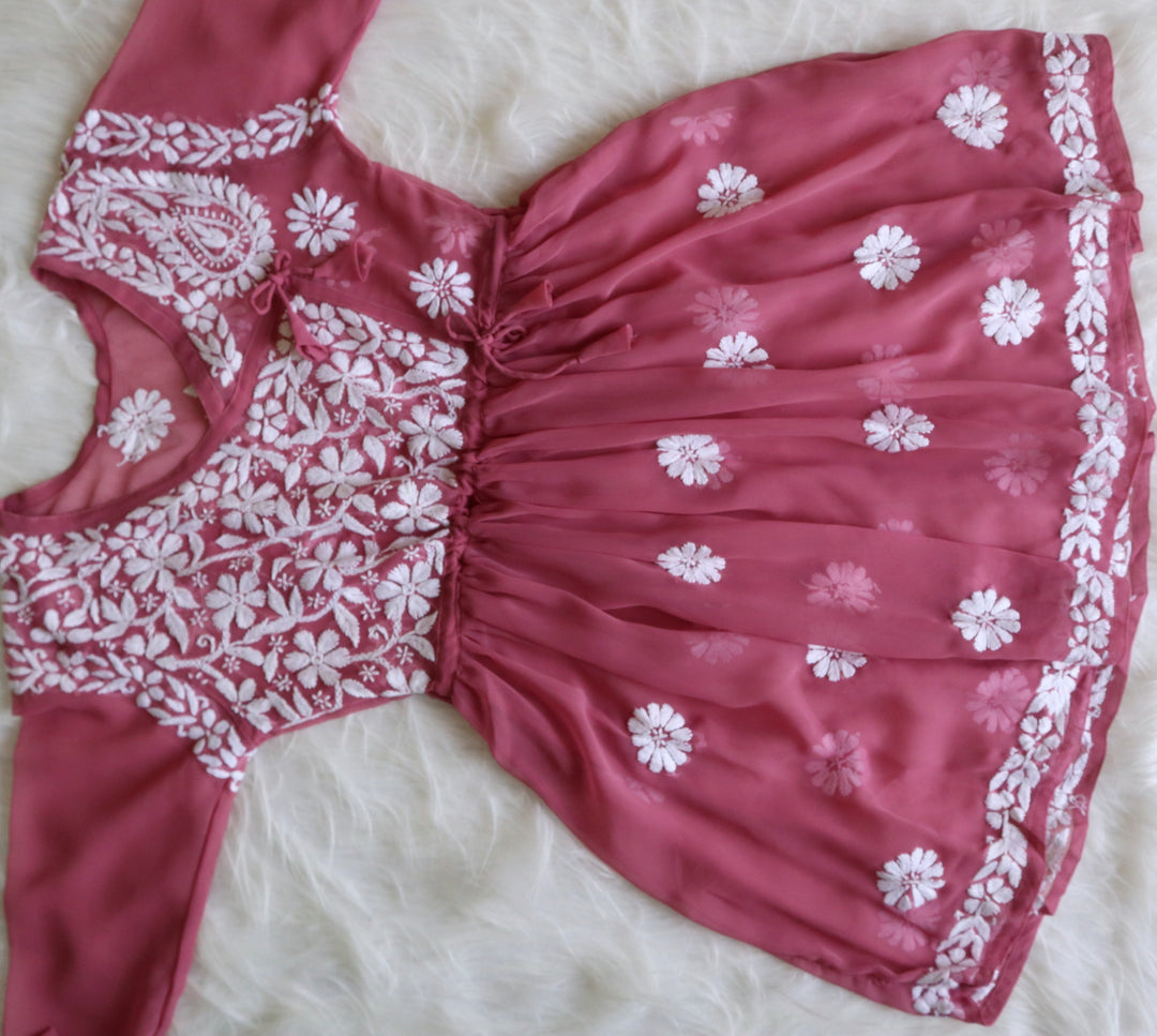 Mauve Pink & White Georgette Angrakha frock