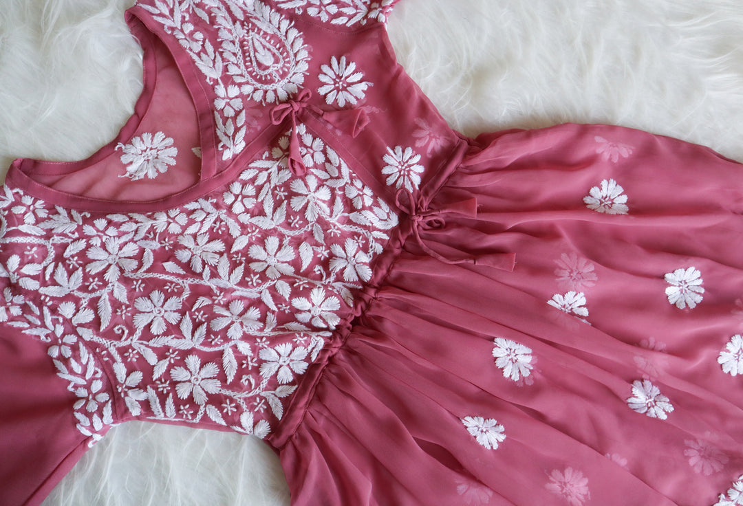 Mauve Pink & White Georgette Angrakha frock