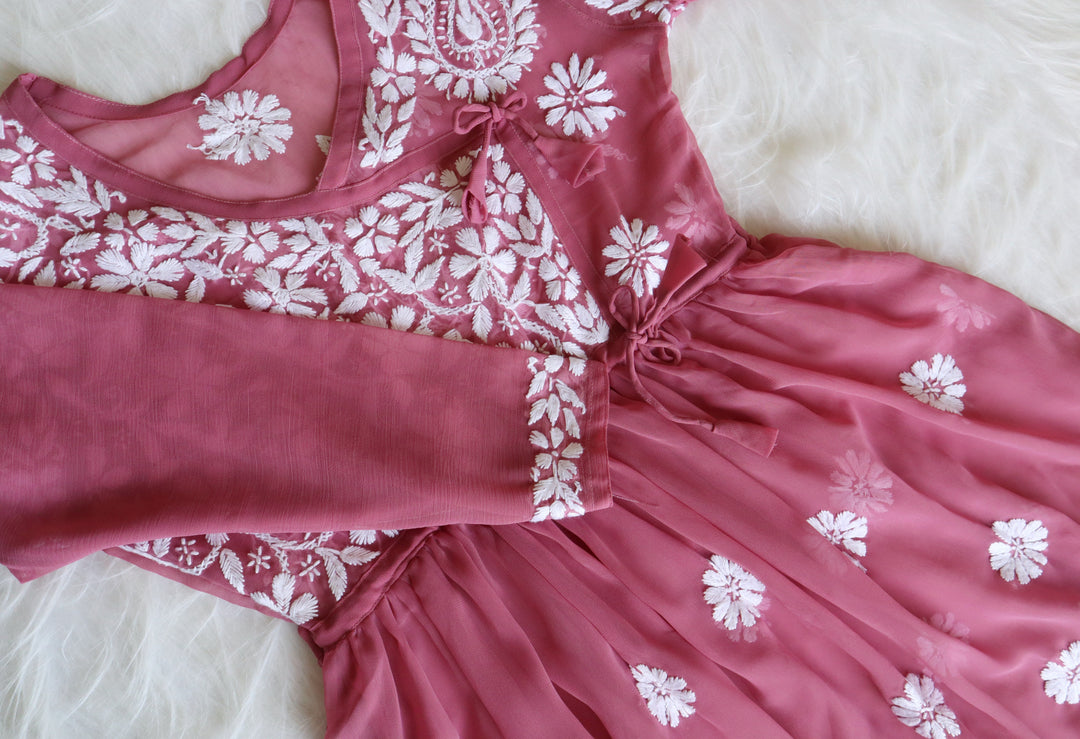 Mauve Pink & White Georgette Angrakha frock