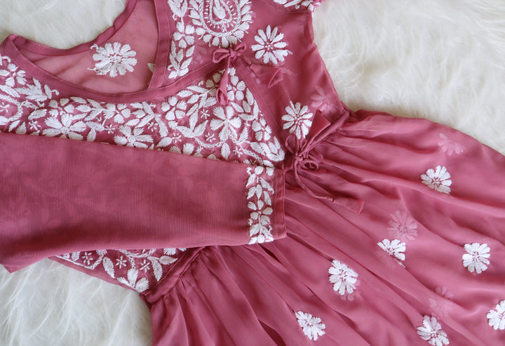 Mauve Pink & White Georgette Angrakha frock