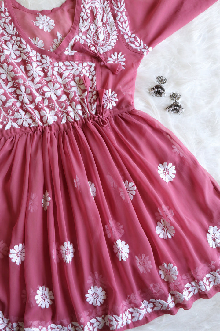 Mauve Pink & White Georgette Angrakha frock
