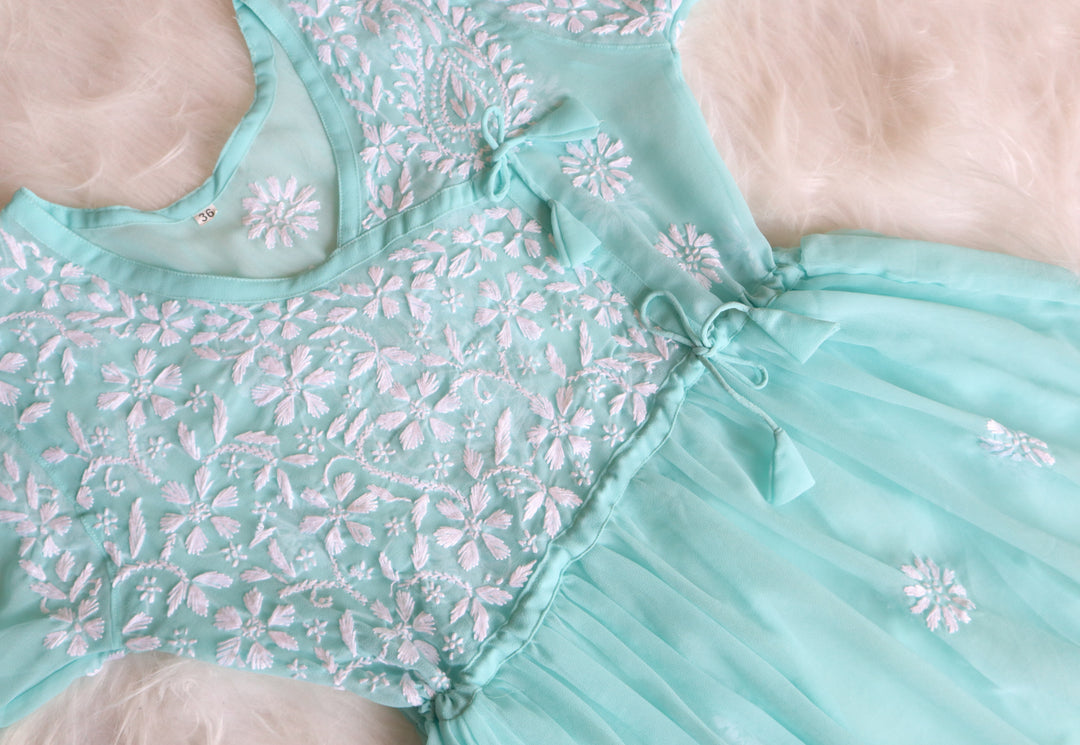 Sky Blue & White Georgette Angrakha frock