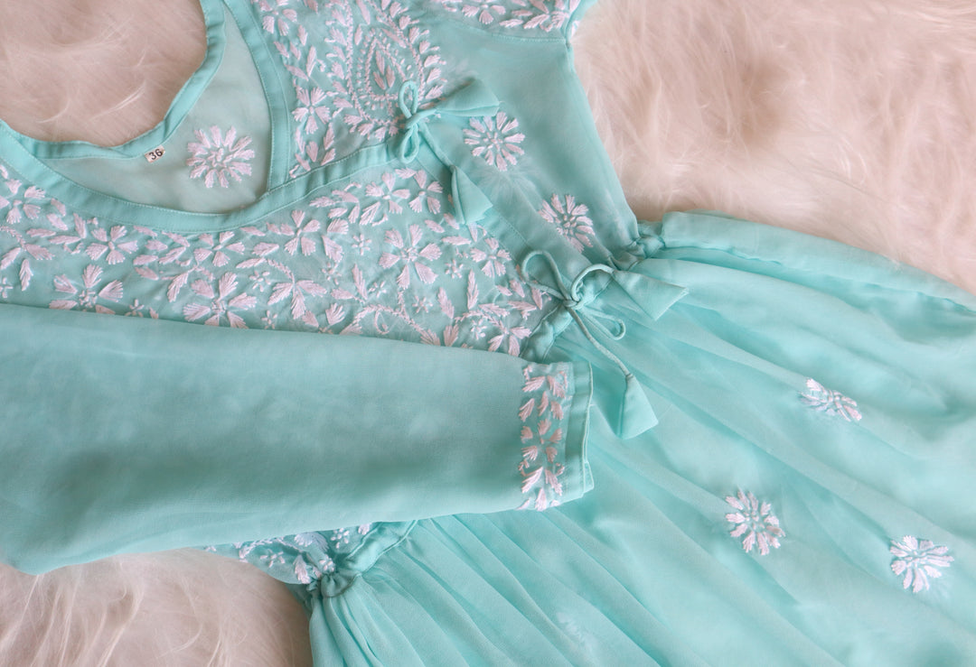 Sky Blue & White Georgette Angrakha frock