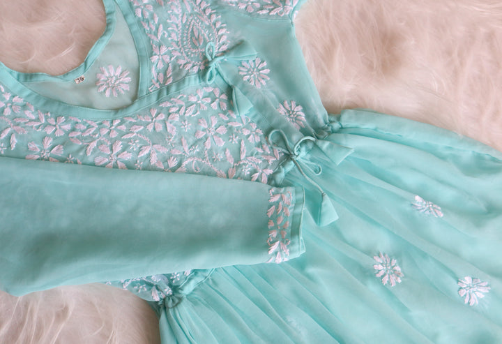 Sky Blue & White Georgette Angrakha frock