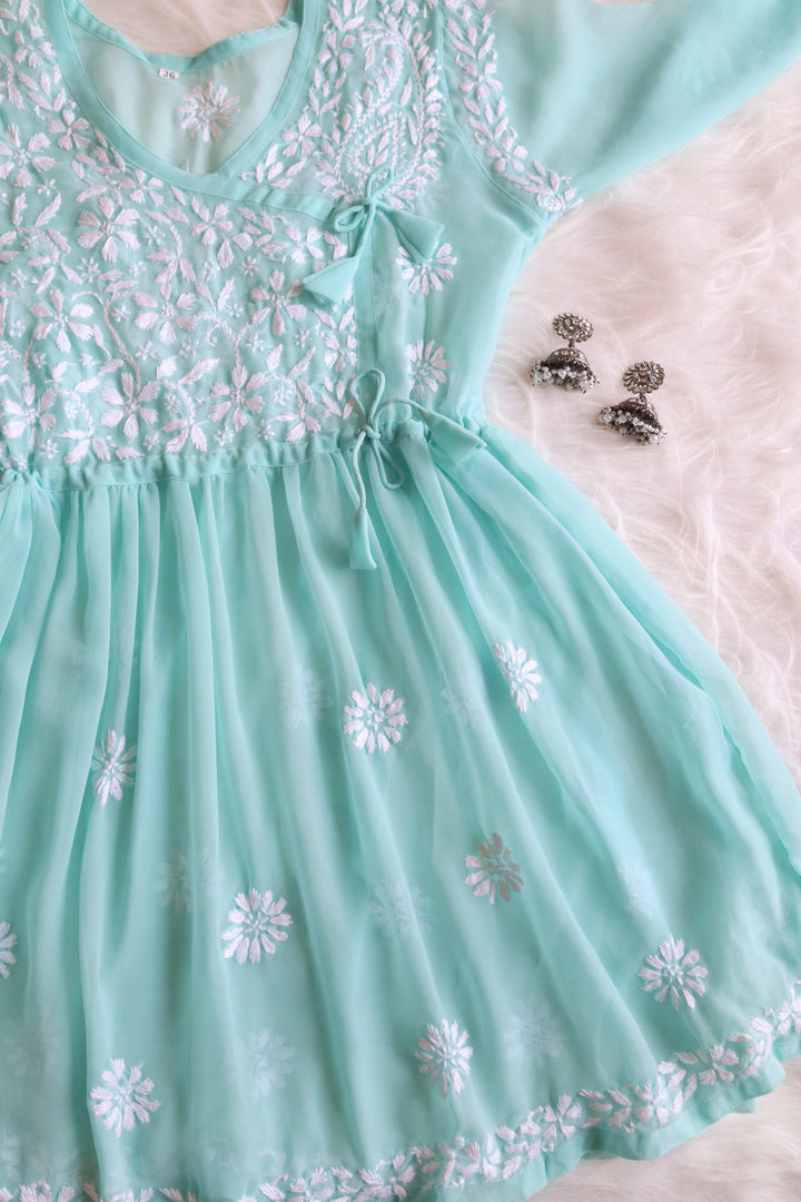 Sky Blue & White Georgette Angrakha frock