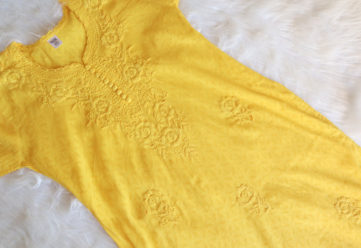 Yellow Long Jacquard Cotton kurta