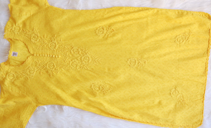 Yellow Long Jacquard Cotton kurta