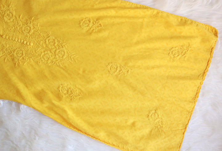 Yellow Long Jacquard Cotton kurta