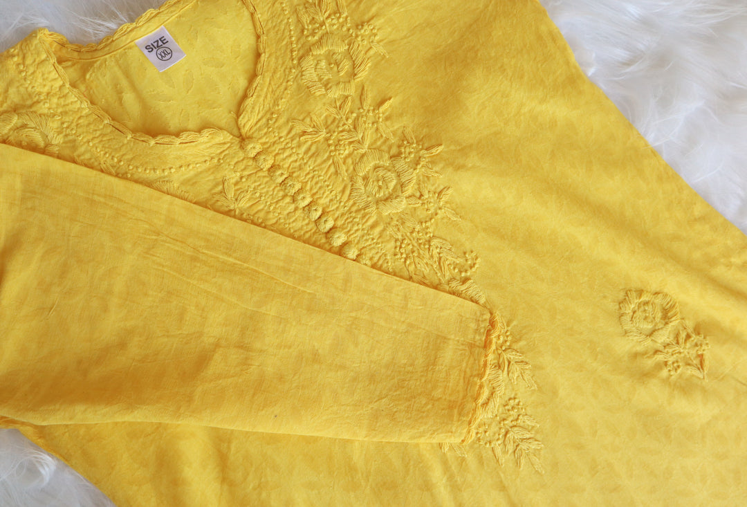 Yellow Long Jacquard Cotton kurta