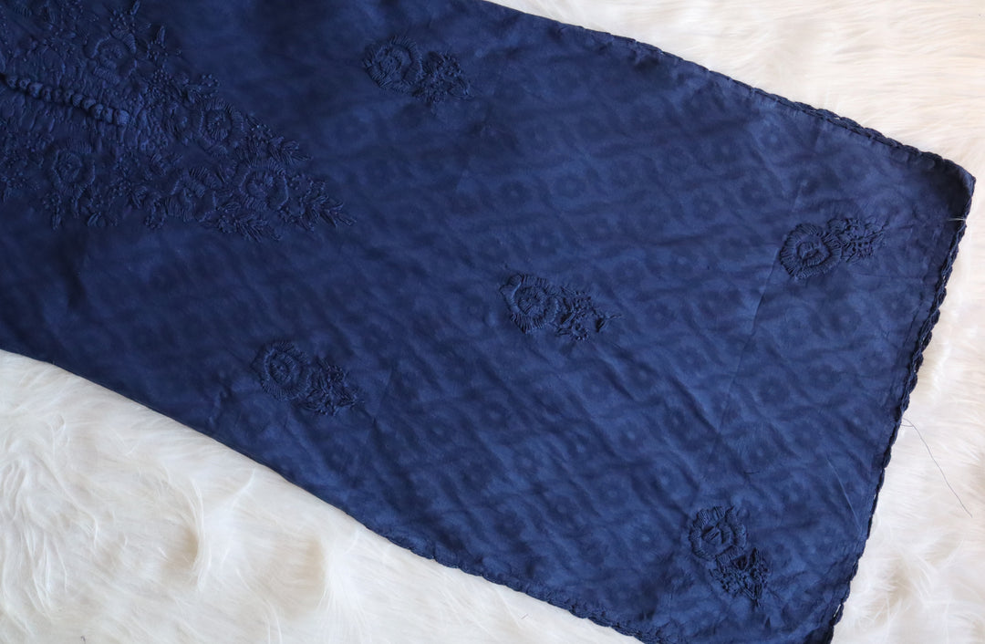 Navy Blue Long Jacquard Cotton Kurta
