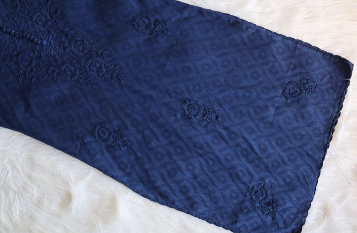 Navy Blue Long Jacquard Cotton Kurta