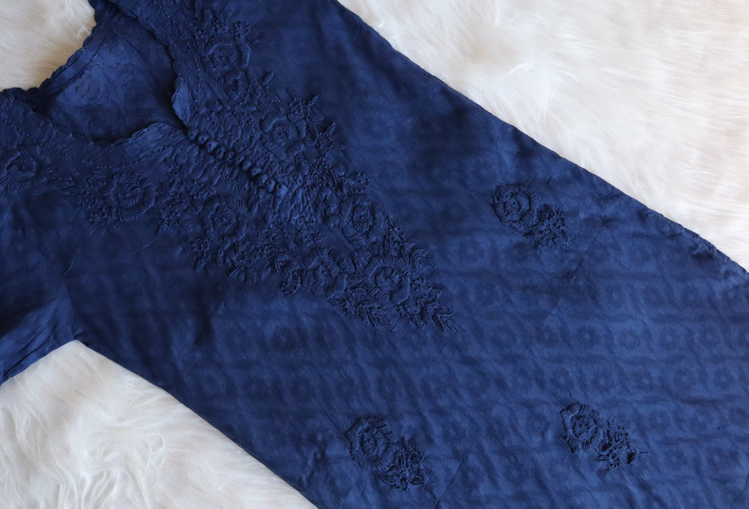 Navy Blue Long Jacquard Cotton Kurta