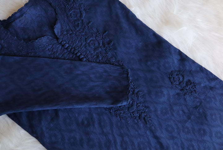 Navy Blue Long Jacquard Cotton Kurta