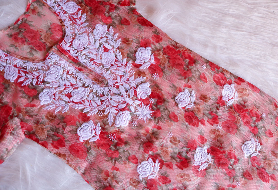Gul Red Kota Floral Long kurta