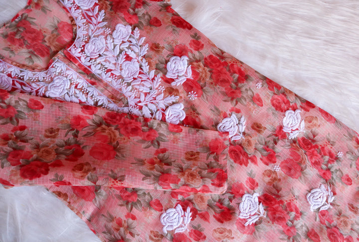 Gul Red Kota Floral Long kurta