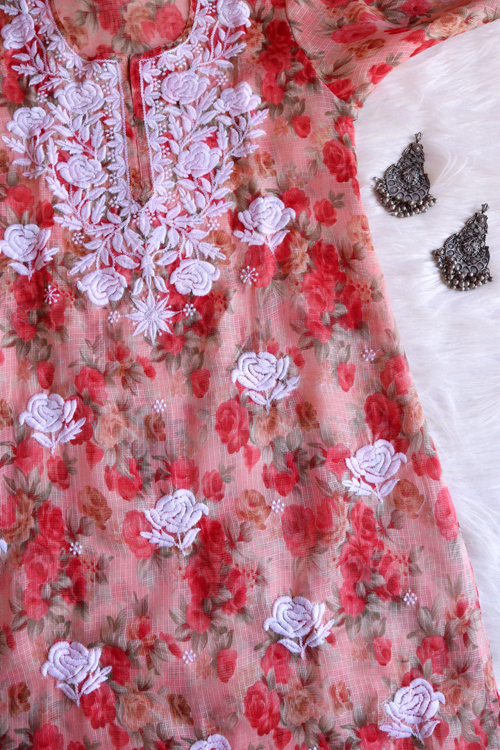 Gul Red Kota Floral Long kurta