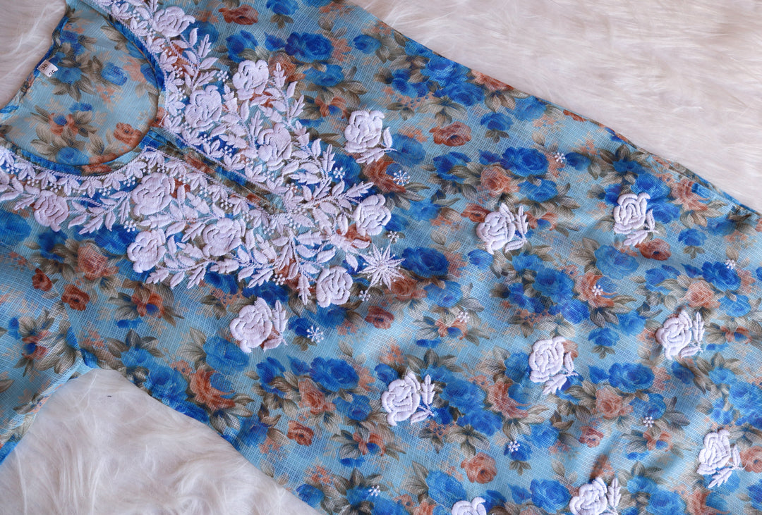 Gul Ocean Blue Kota Floral Long kurta