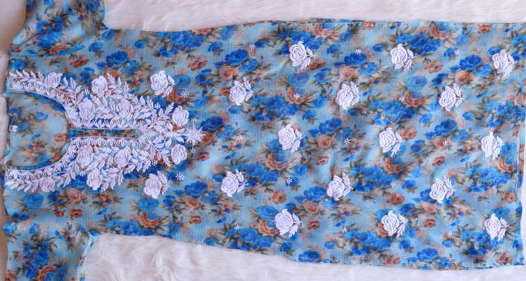 Gul Ocean Blue Kota Floral Long kurta