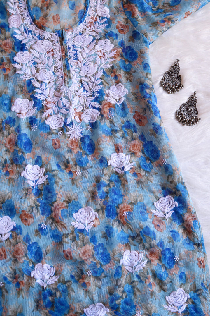 Gul Ocean Blue Kota Floral Long kurta