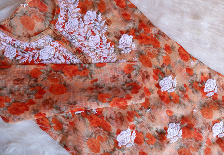 Gul Peach Kota Floral Long kurta