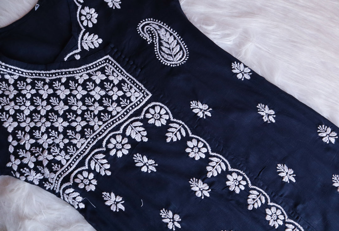 Navy Blue & White Linen Angarakha Kurta