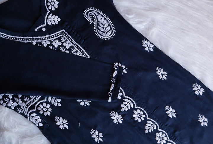 Navy Blue & White Linen Angarakha Kurta