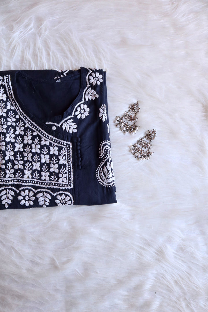 Navy Blue & White Linen Angarakha Kurta