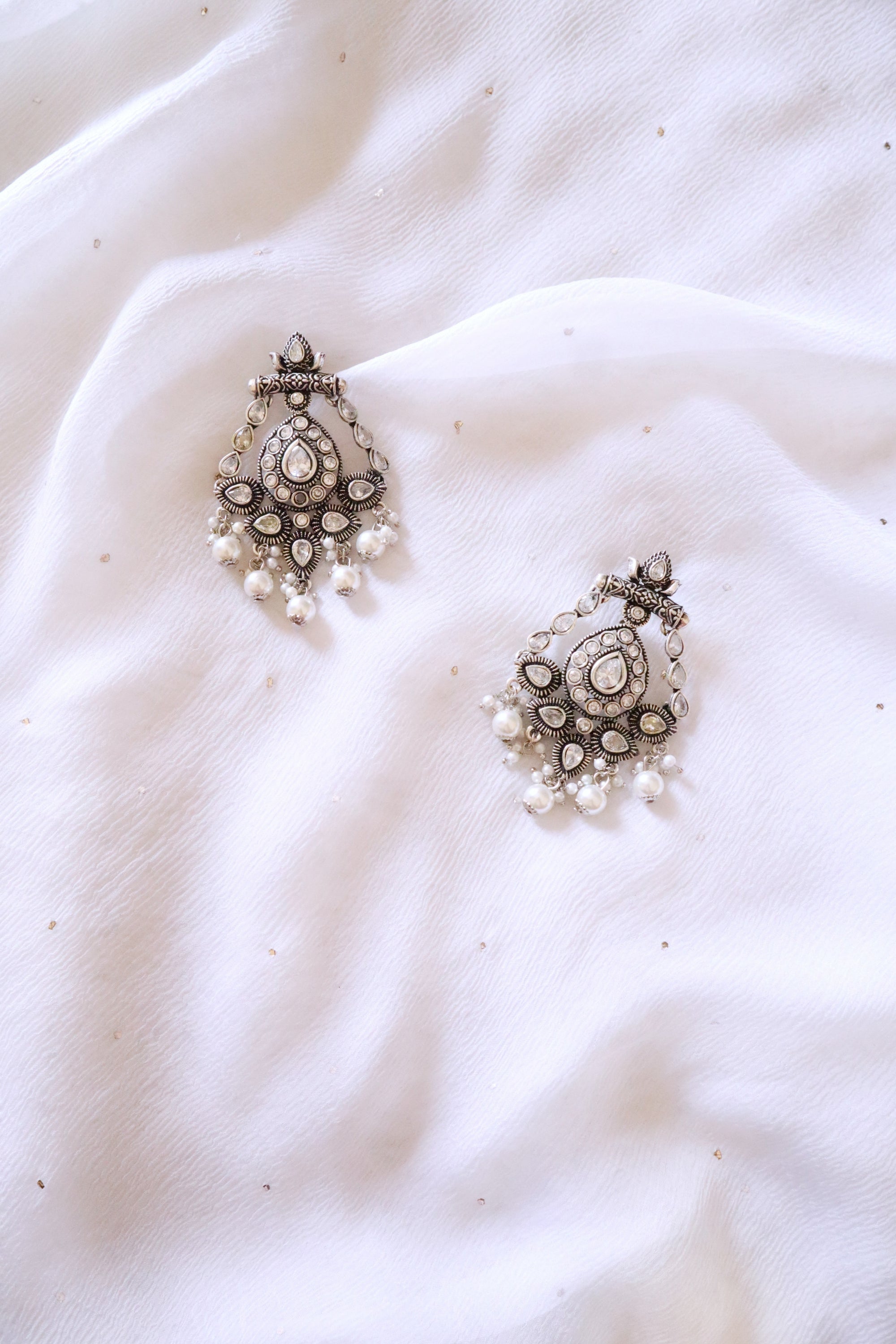 Chunky Pearl Carved Silver Earrings