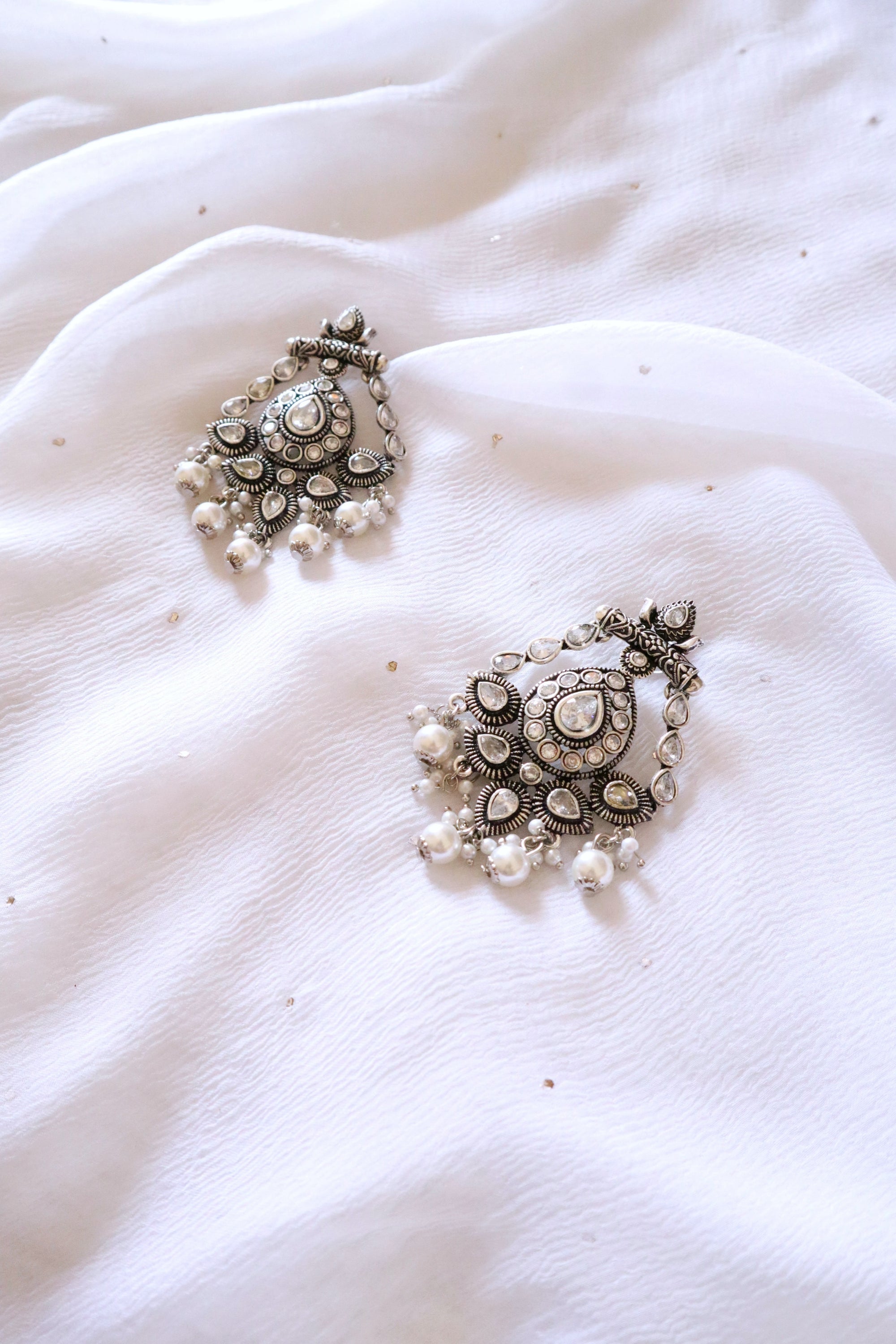 Chunky Pearl Carved Silver Earrings