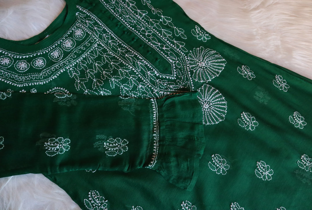 Chaand Deep Green Pure Chanderi Angarakha Kurta