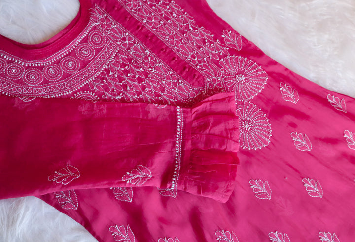 Chaand Deep Pink Pure Chanderi Angarakha Kurta