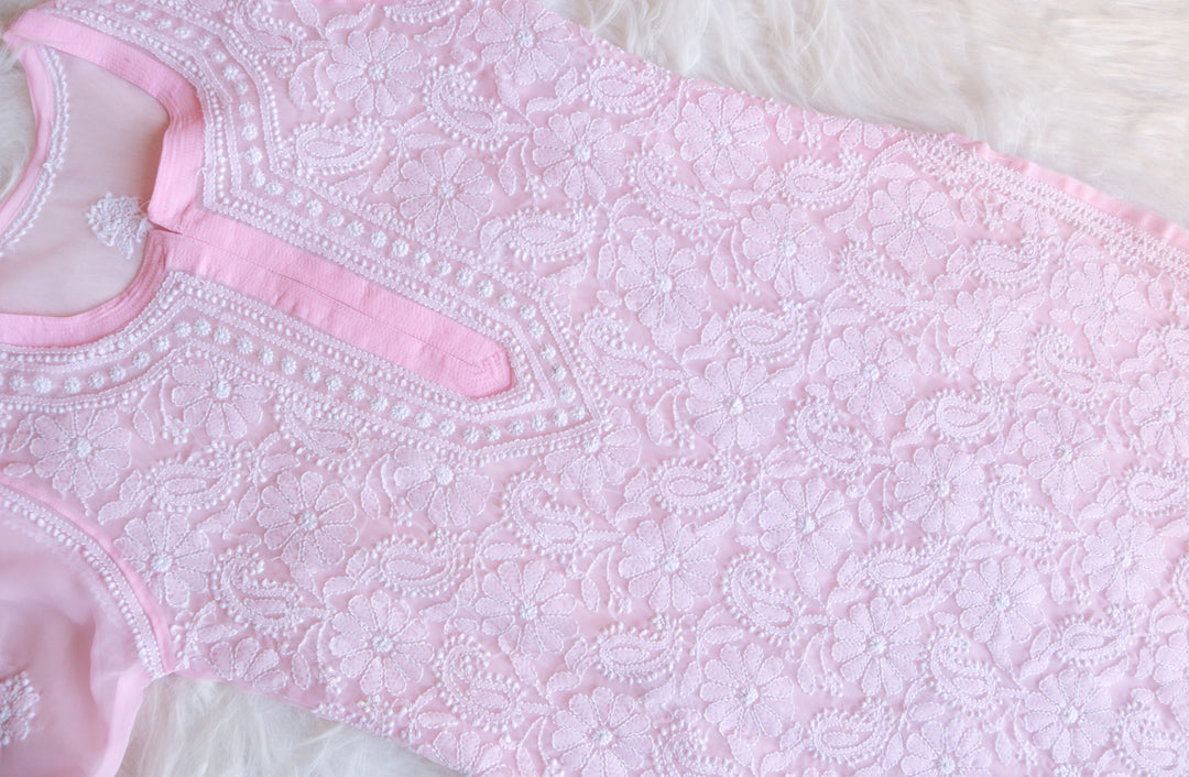 Baby Pink & White Long Georgette kurta