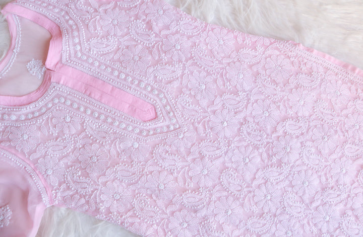 Baby Pink & White Long Georgette kurta