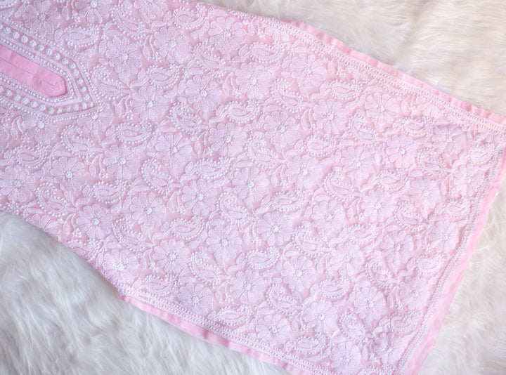 Baby Pink & White Long Georgette kurta