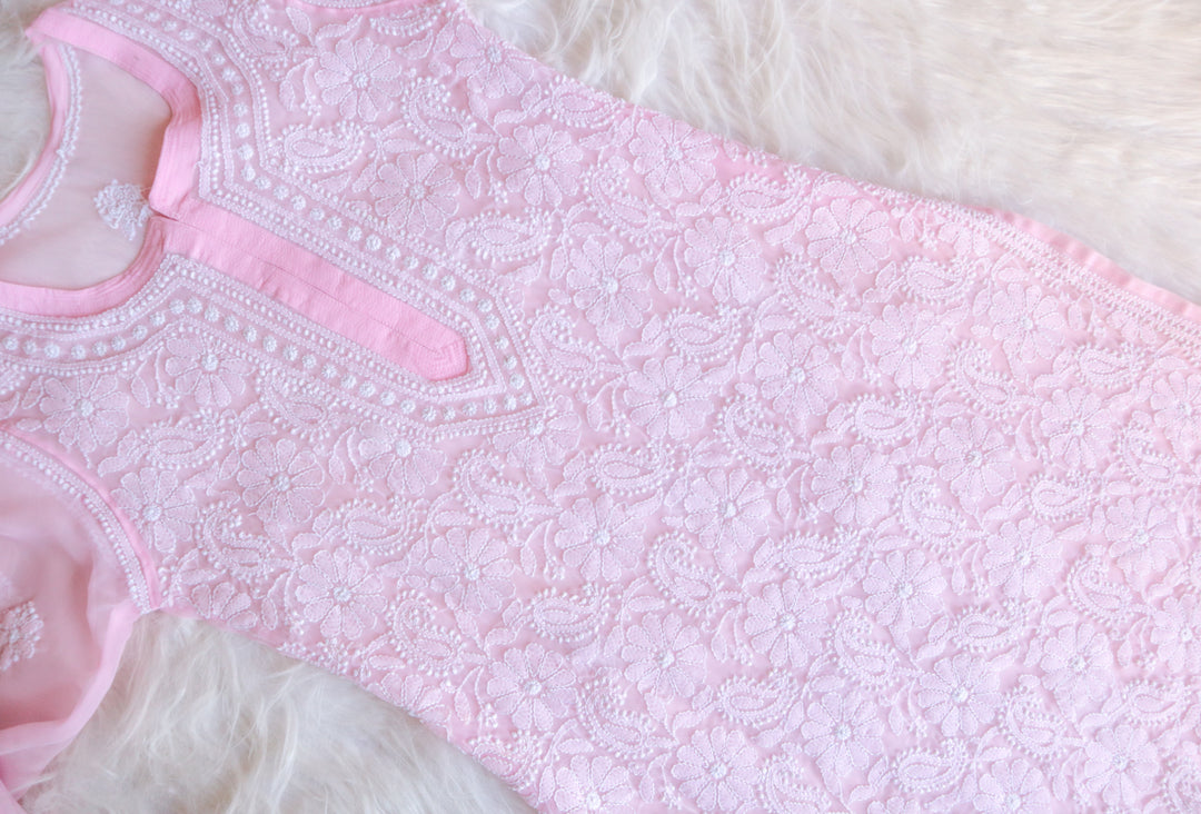 Baby Pink & White Long Georgette kurta