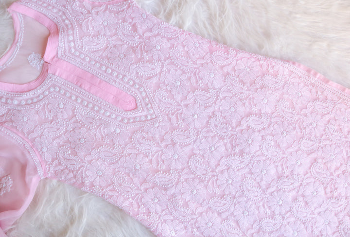 Baby Pink & White Long Georgette kurta