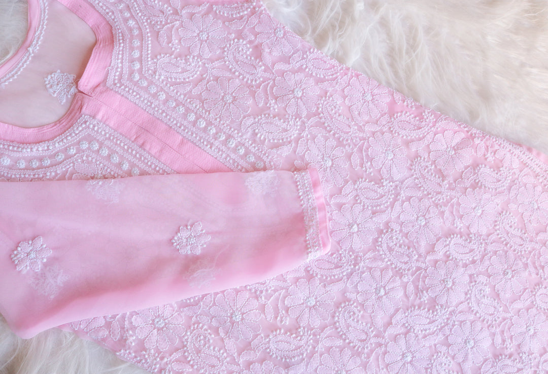 Baby Pink & White Long Georgette kurta