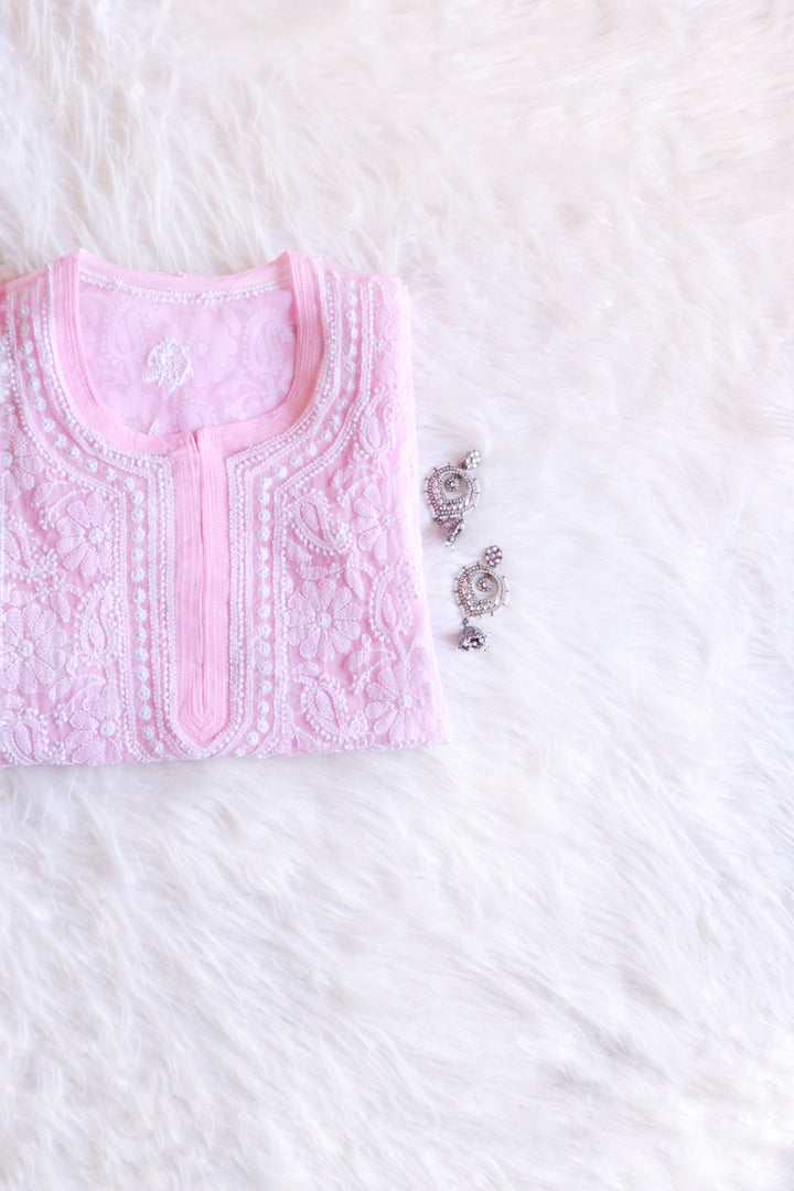 Baby Pink & White Long Georgette kurta