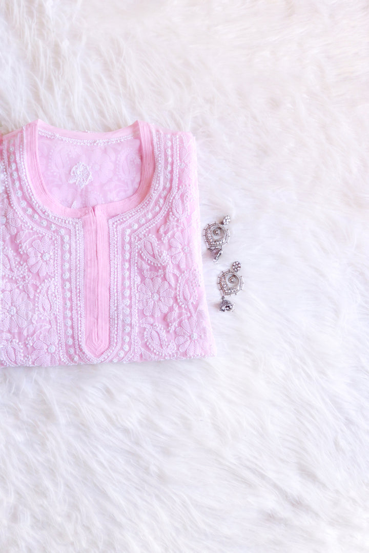 Baby Pink & White Long Georgette kurta
