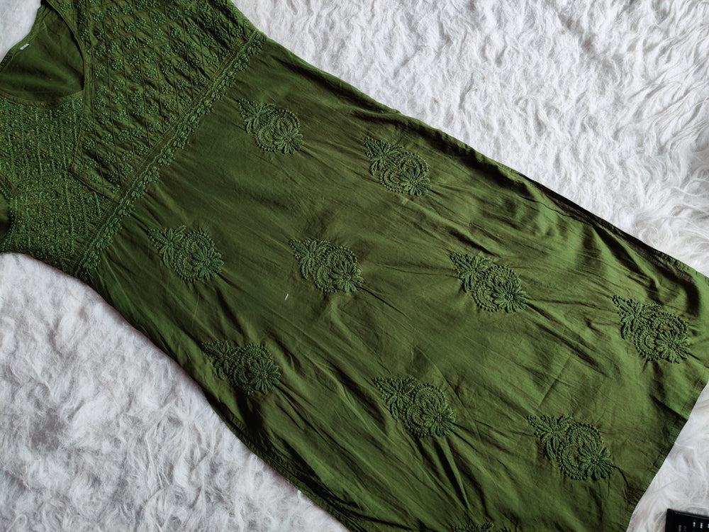 Olive Green Angarakha Kurta - Noor Chikankari