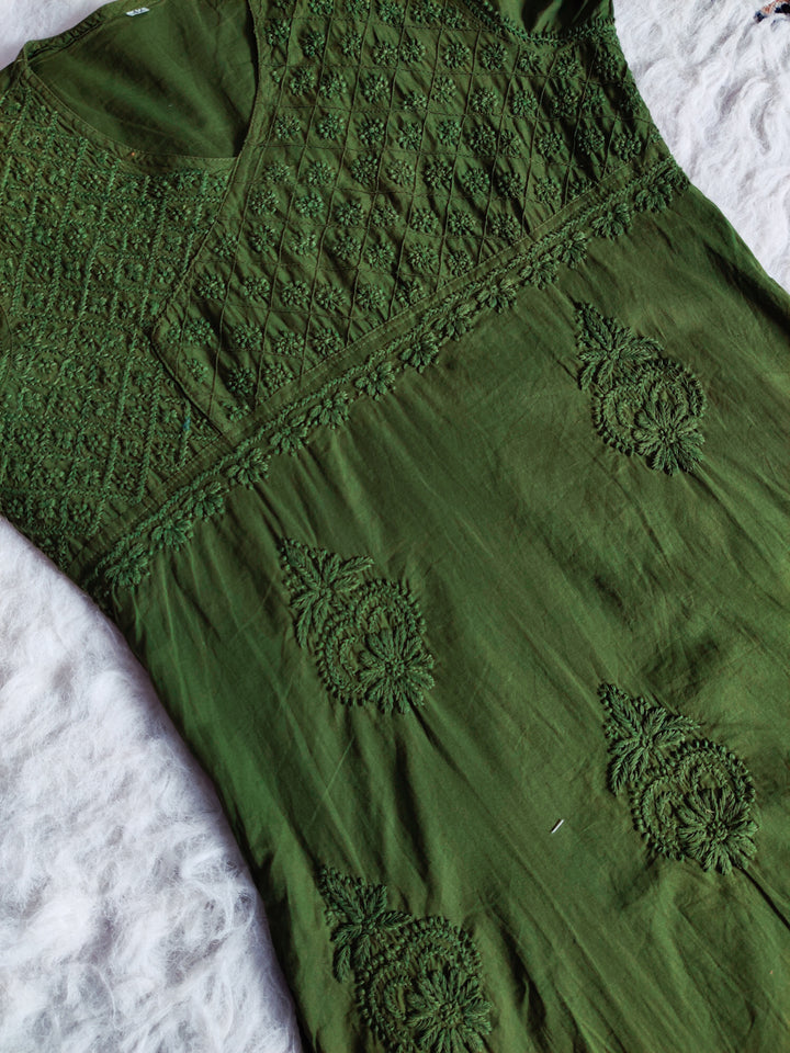 Olive Green Angarakha Kurta - Noor Chikankari